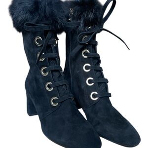 M. GEMI Suede Boot Fur Trim Black Size 38.5/8.5 New Without Box